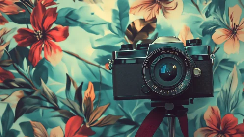 Vintage film camera stands before lush floral backdrop.