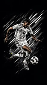 Digital illustration of soccer player striking ball in motion.