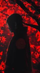 Silhouetted cloaked figure stands before dense red foliage