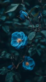 Blue Rose Blooms and Buds in Twilight Garden.
