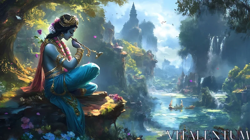 Blue-skinned figure plays flute beside river in misted valley