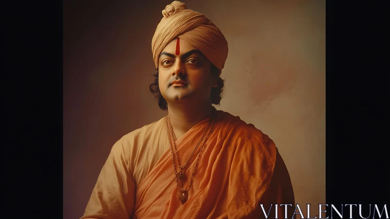 Soft-gazed sage in ember robes holds quiet morning light.