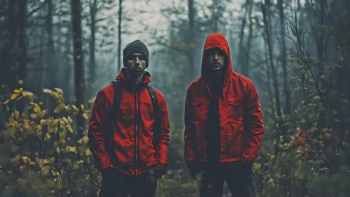 Two men in red jackets standing in dense misty forest.