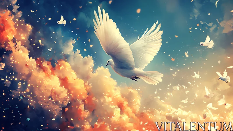 Soaring white dove glides gently through glowing sunset clouds