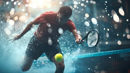 Dynamic tennis player dives through water in powerful rally.