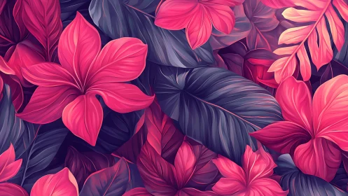 Vibrant magenta tropical foliage rendered in layered digital painting