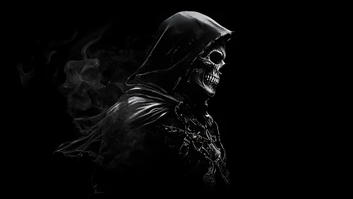 Shrouded skeletal reaper in high-contrast digital chiaroscuro.