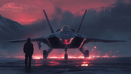 Jet silhouette at crimson dusk on molten runway.