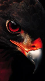 Predatory raptor close-up with glowing crimson eye detail.