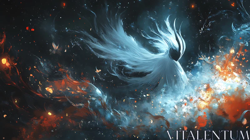 Celestial spirit of ice and fire drifts through cosmic storm.