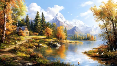 Mountain lake cabin under bright autumn foliage and clear sky