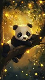 Cute baby panda resting on tree branch in glowing forest