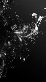Monochrome fluid ribbons swirl through deep black void.