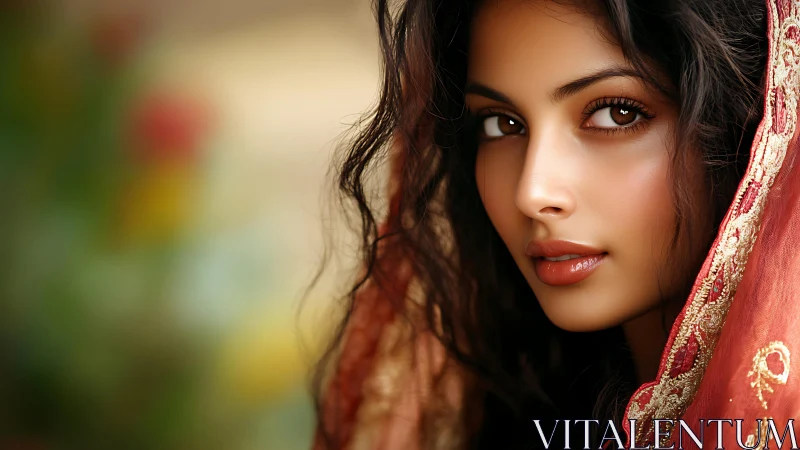 Warm gaze framed by an embroidered red silk veil.