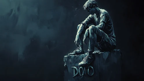 Brooding stone dreamer perched above the digital void.