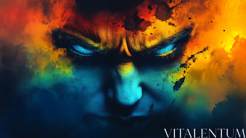 Intense elemental face emerges from swirling cosmic clouds.