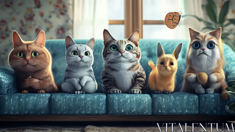 Five Cats Seated on Turquoise Sofa in Sunlit Interior Setting