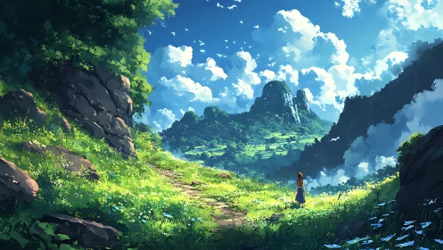 Girl stands on sunlit mountain path facing distant green valley