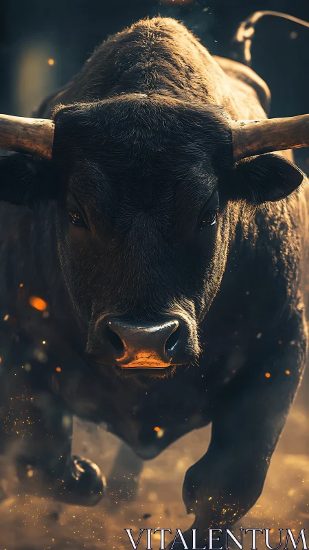 Charging bull silhouette cuts through dust and sparks sharply