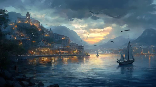 Twilight harbor cityscape renders luminous coastal architecture