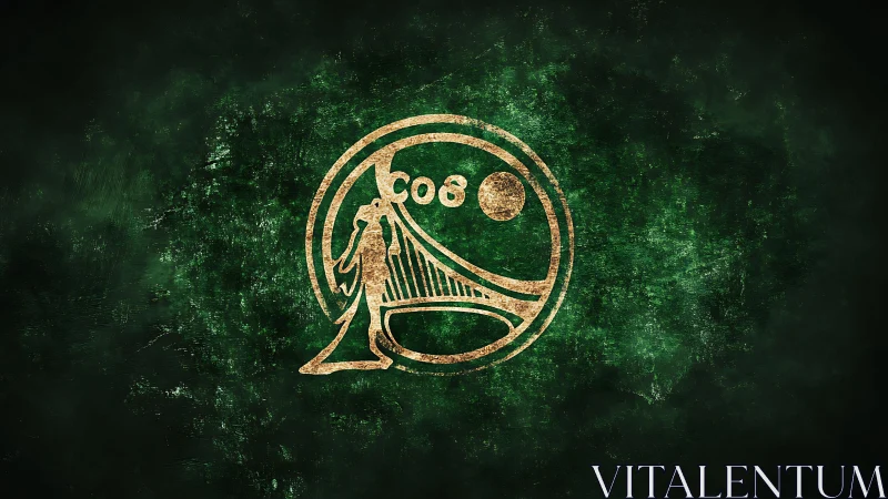 Grunge emblem design with stylized bridge and robed figure.