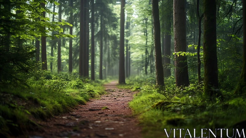Serene forest path with lush greenery in soft morning light.
