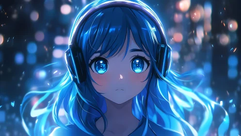 Blue haired anime girl listens through glowing city night.