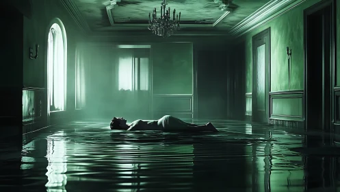 Still figure rests on shimmering water in a haunted hallway