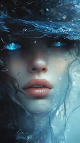 Enchanted water spirit gazes out with luminous blue eyes