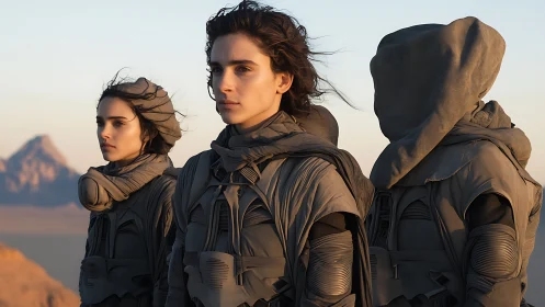 Desert scouts in adaptive armor study sunlit horizon.