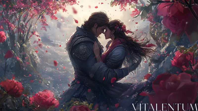Armored figure cradles companion amid cascading crimson petals and luminous botanical realm.