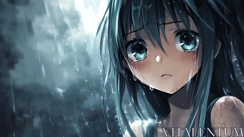 Melancholic anime girl in rain rendered with high-detail lighting