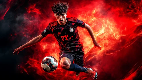 Fire-charged football striker slicing through blazing red fury.
