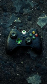 Gamer's Controller Rests on Textured Dark Stone Ground