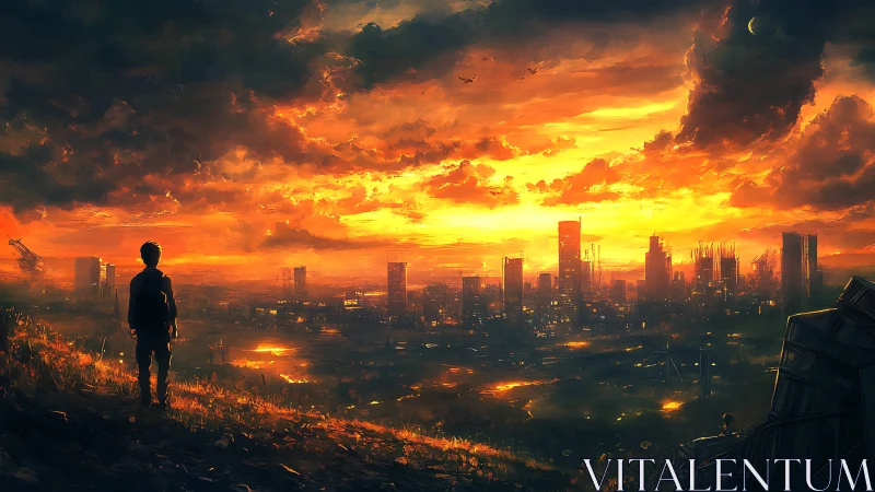 Lone wanderer studies a burning skyline at dusk horizon.