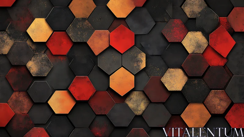 Rust-kissed hexagon hive glowing in ember-black contrast.