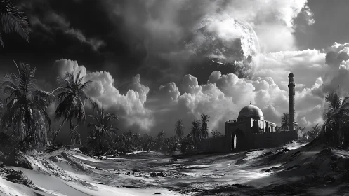 Desert mosque stands under colossal looming planet