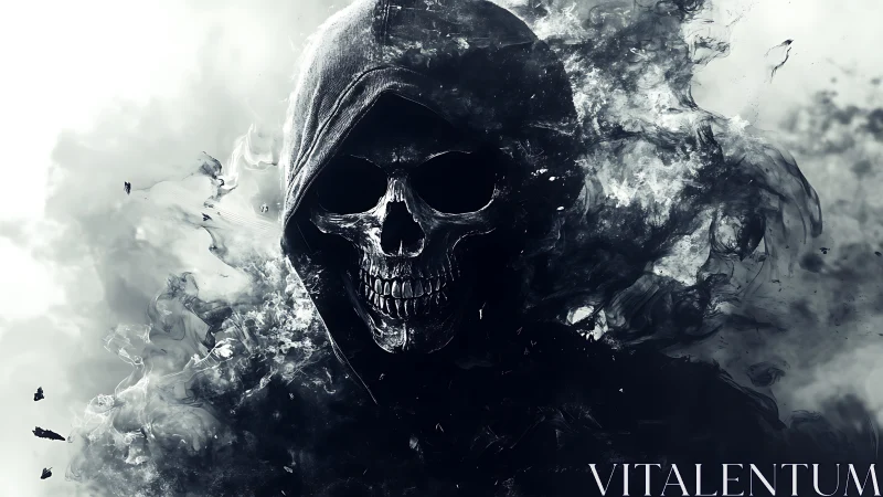 Hooded skeletal figure emerging from swirling dark smoke.