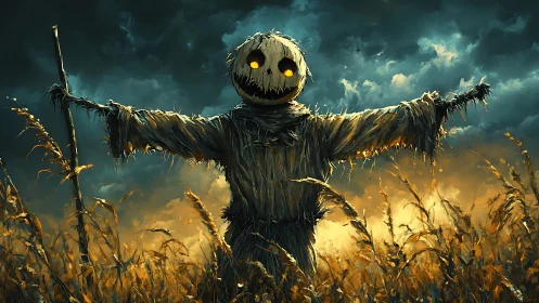 Scarecrow figure stands in backlit grain field at dusk