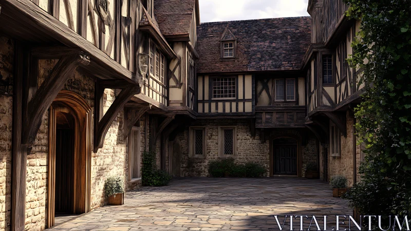 Photorealistic Tudor courtyard with timber-framed fa&ccedil;ades.