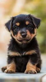 Black and tan puppy sitting outdoors, front view portrait.