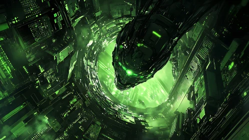 Neon serpent AI awakening inside a swirling data vortex.