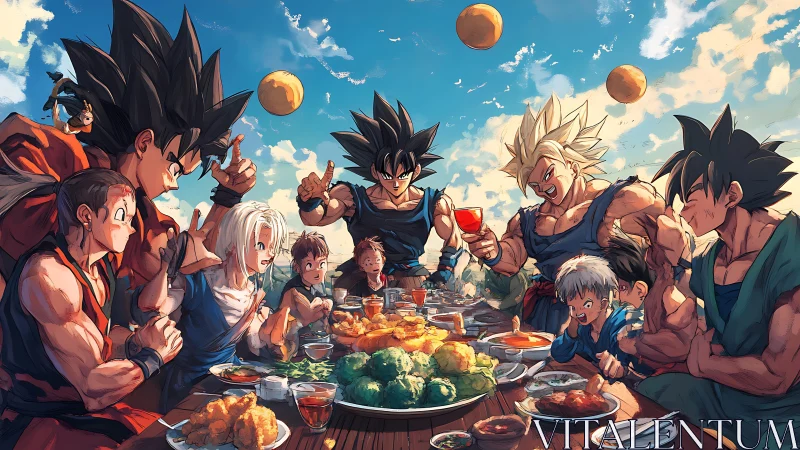 Anime warriors share festive outdoor feast under bright sky.