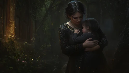 Mother shields child in emberlit forest dusk embrace.