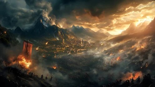 Stormlit siege over embered valley kingdoms at war.