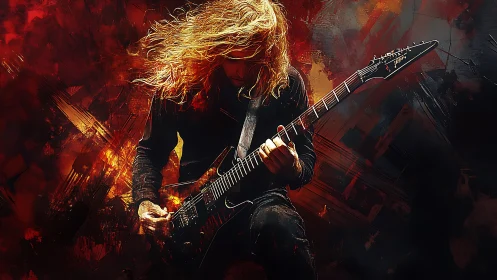 Electric guitarist with long hair against abstract red field.