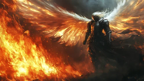 Armored angel with blazing wings in fiery battlefield.