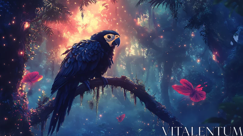 Midnight parrot negotiates secrets with glowing forest fireflies