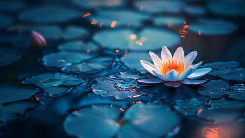 Gentle water lily glows warmly on deep blue evening pond