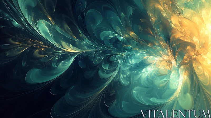 Glowing teal and gold fractal blooms swirling in soft light.